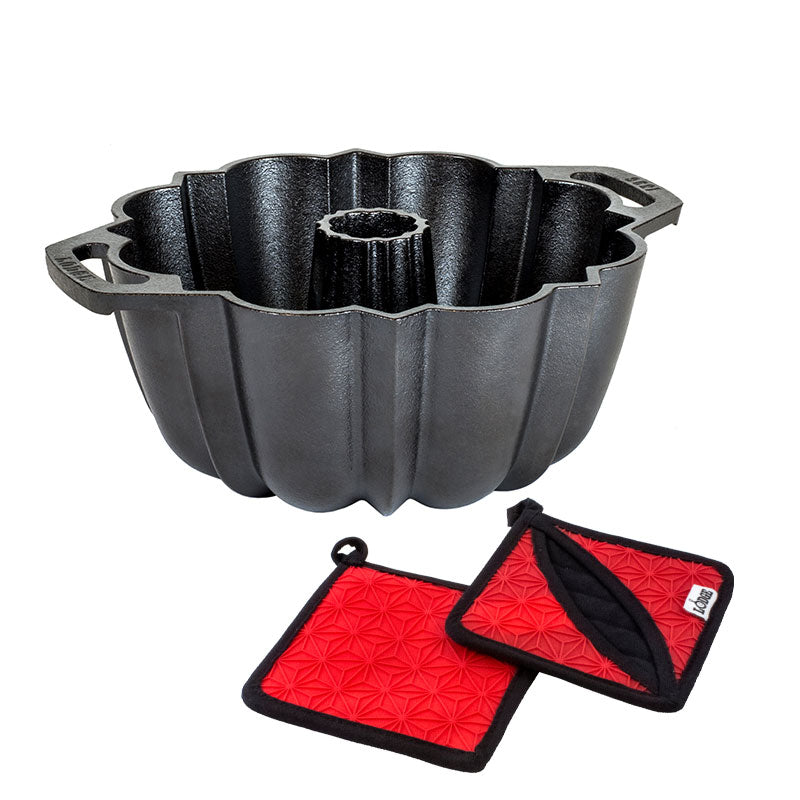 Cast Iron Fluted Cake Pan with Red Potholders - Image 10