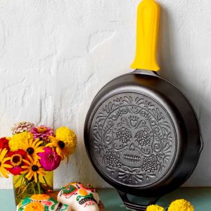 Seasoned Cast Iron Sugar Skull Skillet with Deluxe Handle Holder